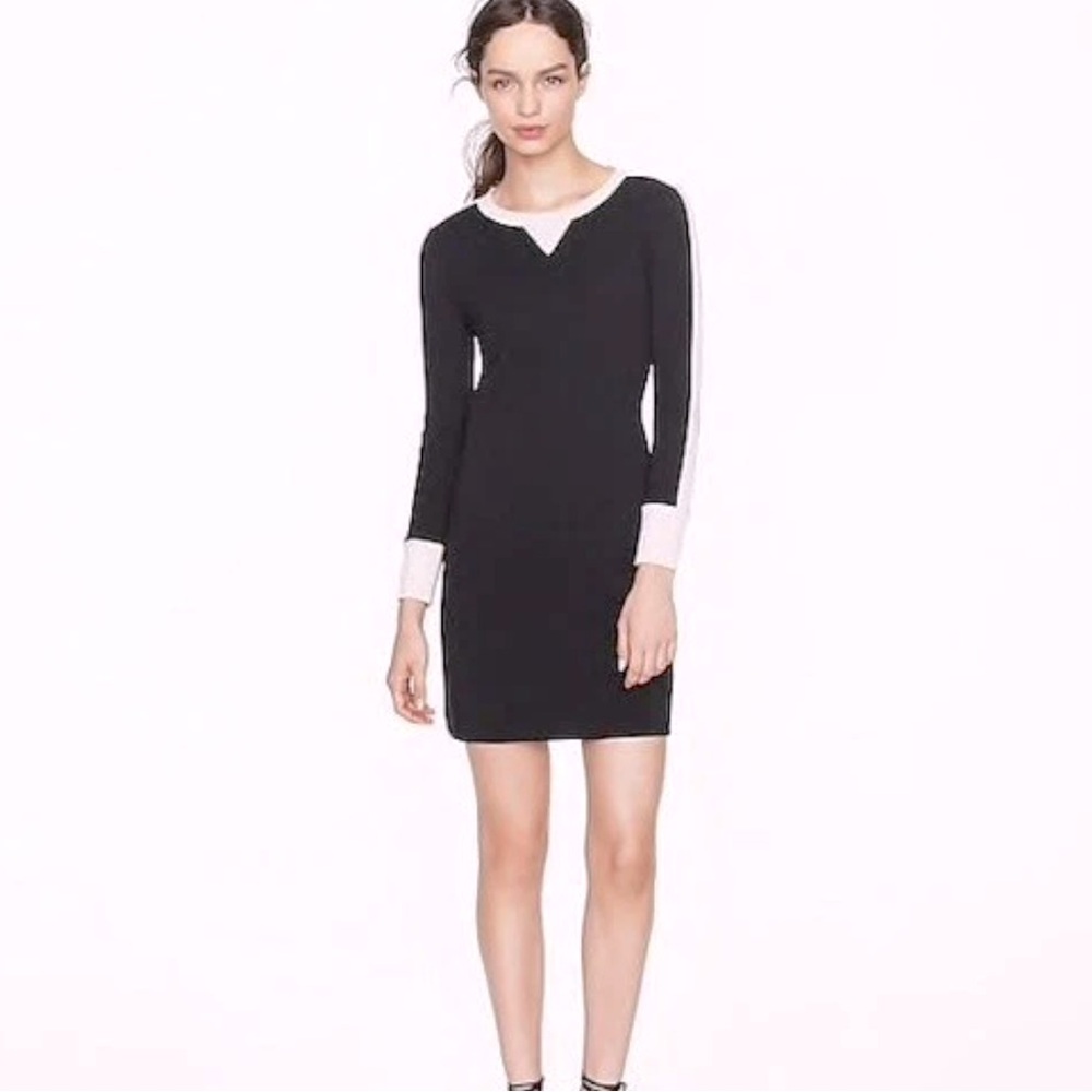 J Crew Wool blend Dress Black with Athletic Striped Pale Pink trim Comfy Size 6